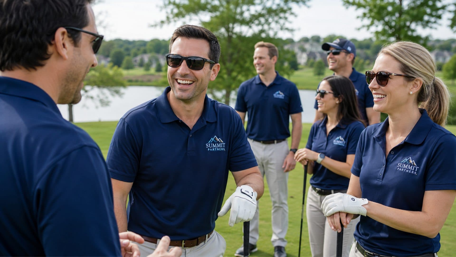 Team of golfers wearing matching embroidered business polos with a company logo on the chest